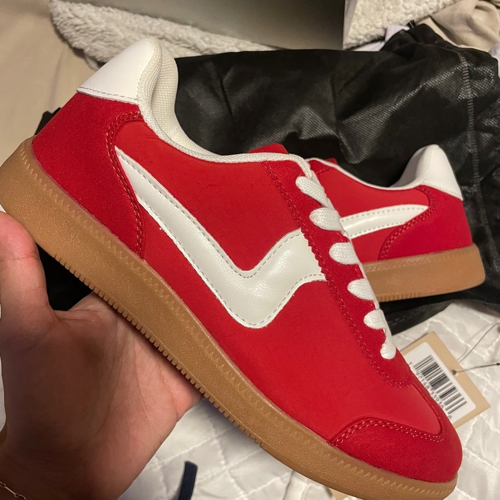 Red and White Sneakers with Gum Sole